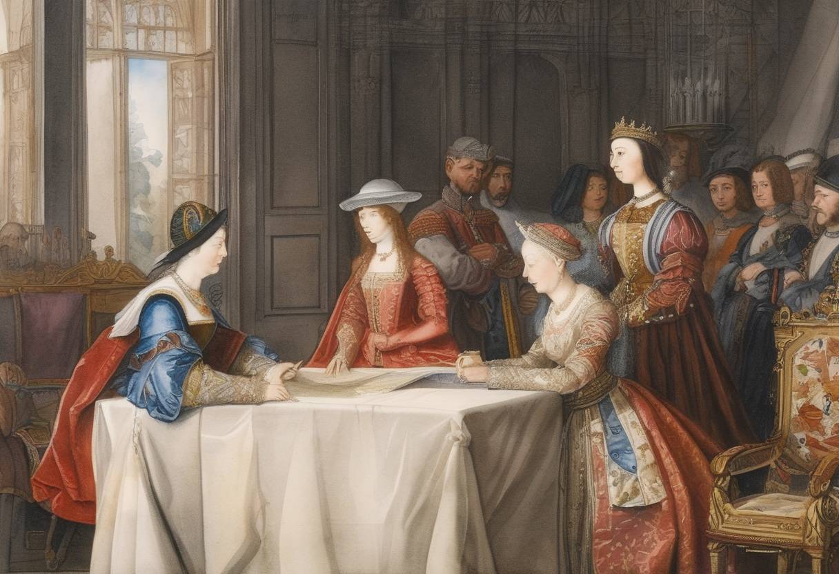 Watercolor painting based depiction of The Treaty of Cambrai, also known as the Ladies' Peace, was signed by Margaret of Austria and Louise of Savoy, ending one of the conflicts in the Italian Wars. (1529)