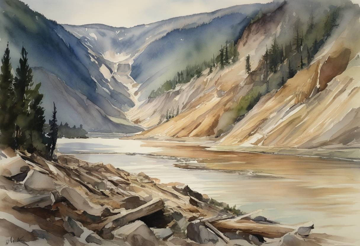 Watercolor painting based depiction of A magnitude 7.2 earthquake strikes Montana, triggering a huge landslide that causes significant destruction and the formation of Quake Lake. (1959)