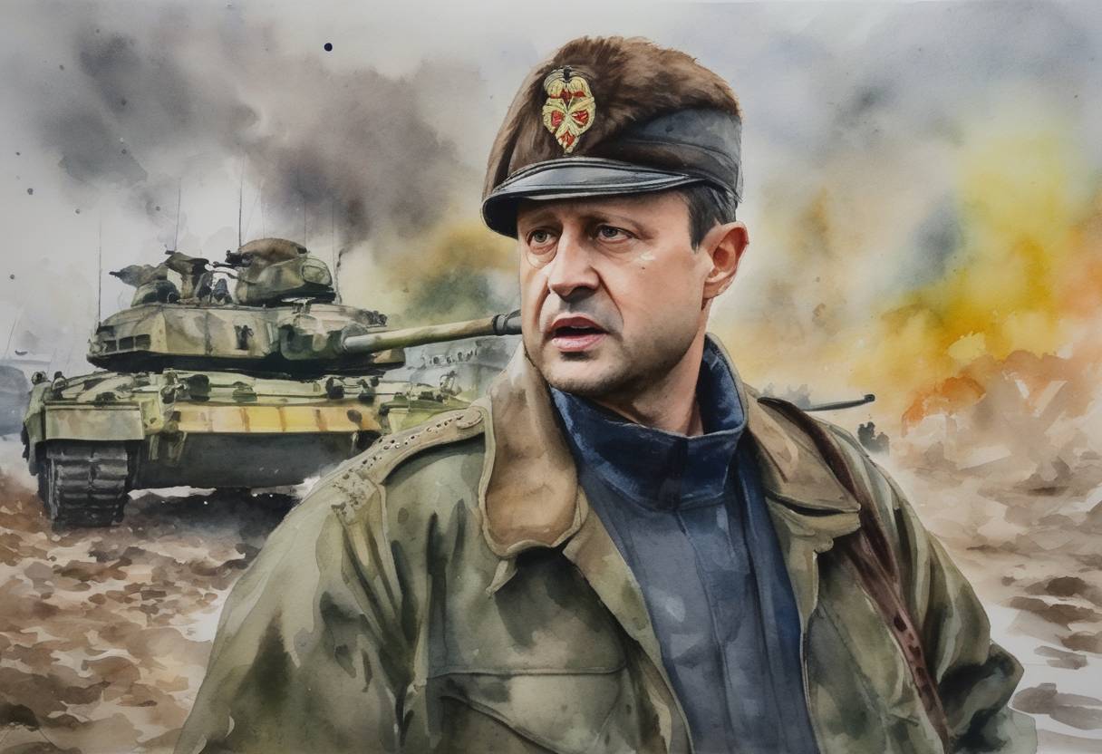 Watercolor painting based depiction of Russia's invasion of Ukraine continues with battles taking place across various parts of Ukraine. Ukrainian President Volodymyr Zelenskyy addressed the nation, emphasizing the resistance against the Russian military offensive. (2022)