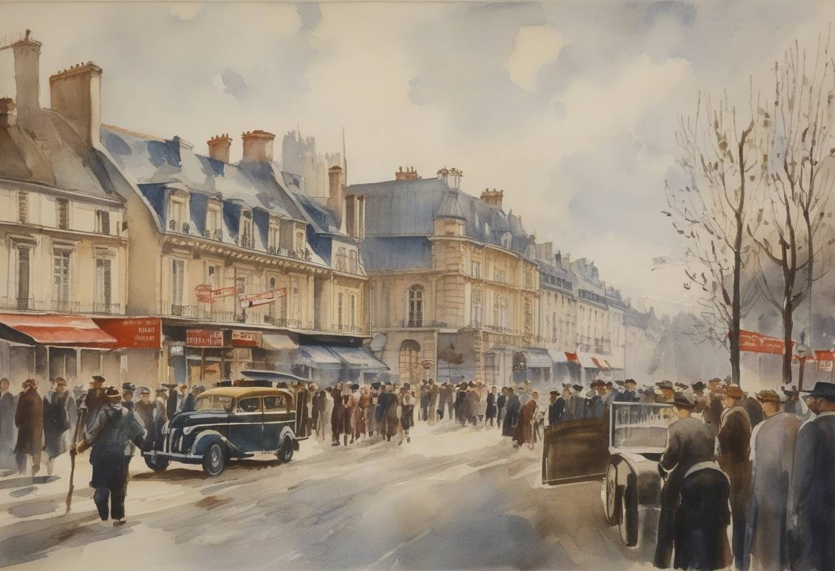 Watercolor painting based depiction of The Vichy government closed all labor unions in France, curtailing workers' rights under the collaborationist regime during World War II. (1940)