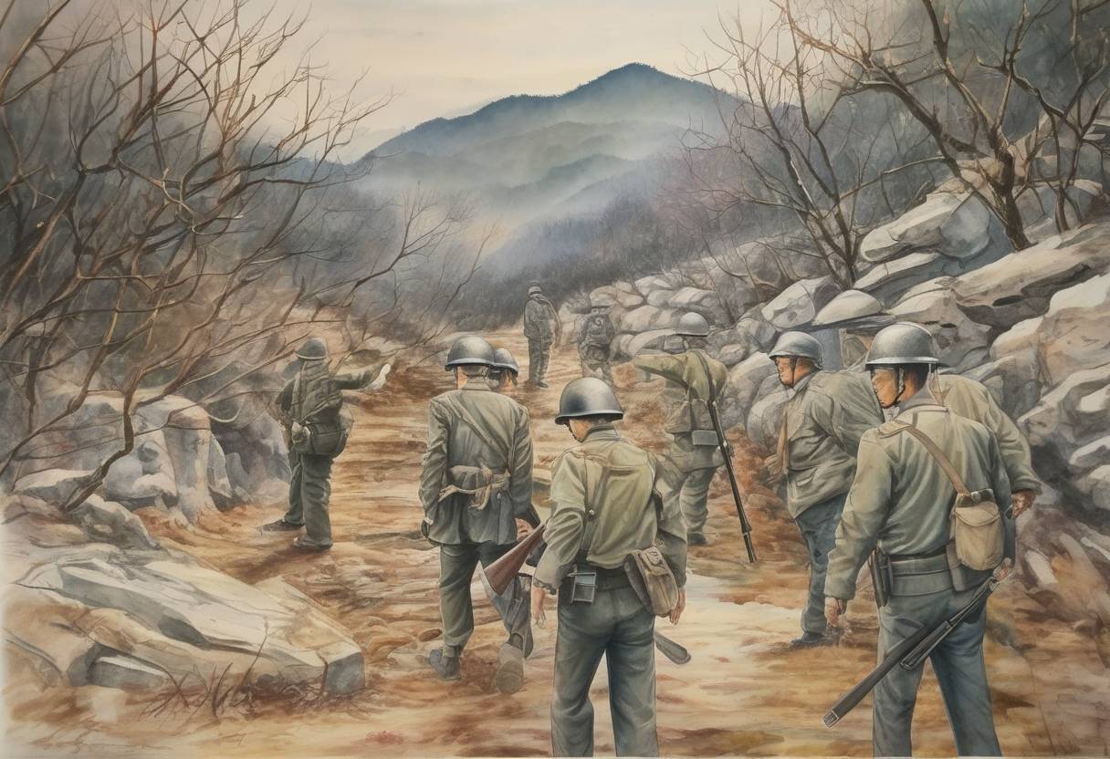 Watercolor painting based depiction of The Korean axe murder incident occurred in the Korean Demilitarized Zone, leading to heightened tensions between North and South Korea. (1976)