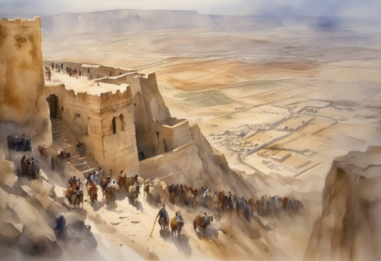 Watercolor painting based depiction of The Siege of Masada culminated in a mass suicide, ending the First Jewish–Roman War. (73)