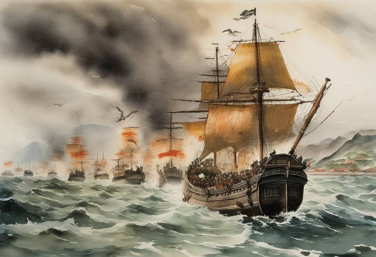 Watercolor painting based depiction of The second Mongol invasion of Japan ends with the destruction of the Mongol fleet by a typhoon, known as the kamikaze or 'divine wind,' helping repel the invasion forces. (1281)