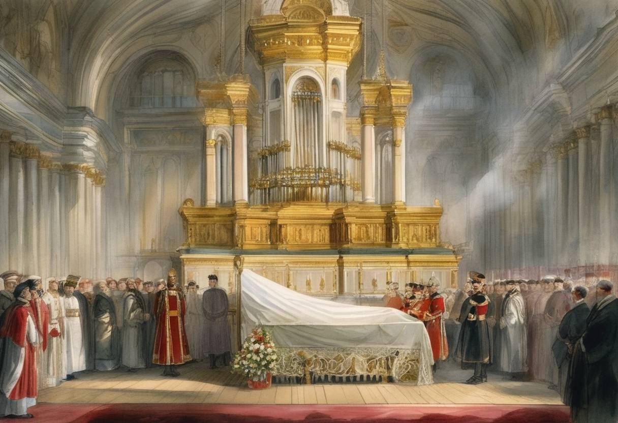 Watercolor painting based depiction of Russia's Tsar Alexander I was buried in the Saints Peter and Paul Cathedral in Saint Petersburg. (1825)