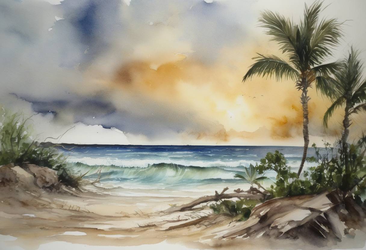 Watercolor painting based depiction of Hurricane Dean makes landfall on the Yucatán Peninsula as a Category 5 hurricane. It was the third most intense tropical cyclone to make landfall in the Atlantic Basin. (2007)