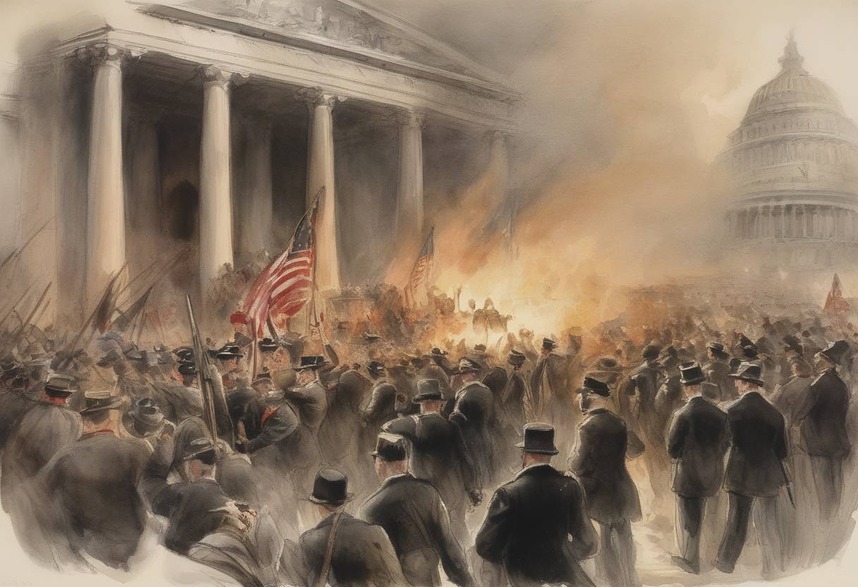 Watercolor painting based depiction of The Sedition Act of 1918 was passed by the United States Congress, expanding the Espionage Act of 1917 to cover a broader range of offenses, notably speech and the expression of opinion that cast the government or the war effort in a negative light. (1918)