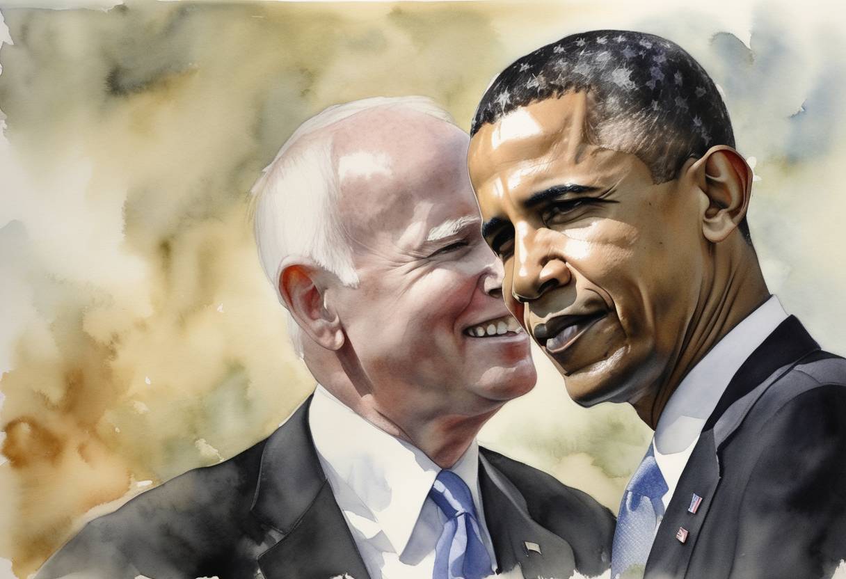 Watercolor painting based depiction of U.S. presidential candidates Barack Obama and John McCain made their final push on the day before the election. (2008)