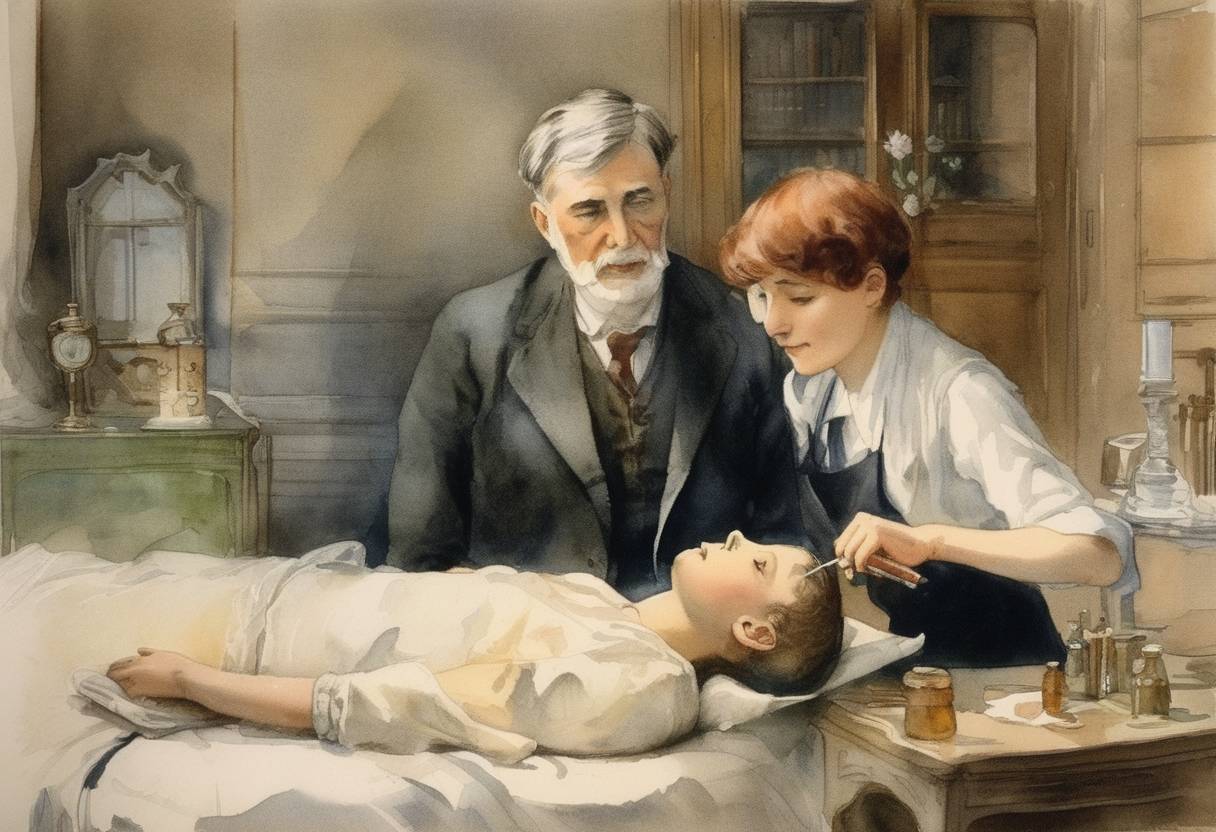 Watercolor painting based depiction of The BCG vaccine against tuberculosis is first administered to a human. (1921)