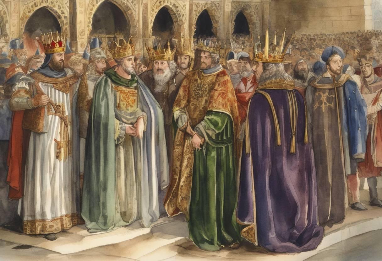 Watercolor painting based depiction of On June 14, 1276, Henry III of Castile was crowned King of Leon and Castile, marking a significant consolidation of power in the Iberian Peninsula. (1276)