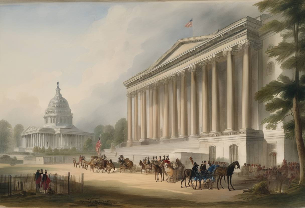 Watercolor painting based depiction of The United States Senate ratified a treaty with France for the purchase of the Louisiana Territory, greatly expanding the size of the nation. (1803)