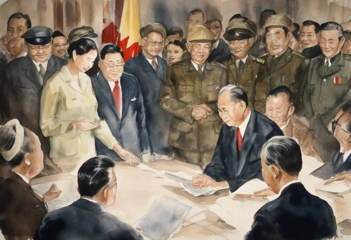 Watercolor painting based depiction of The first part of the Geneva Accords is signed, aimed at resolving the ongoing conflict in Indochina. (1954)