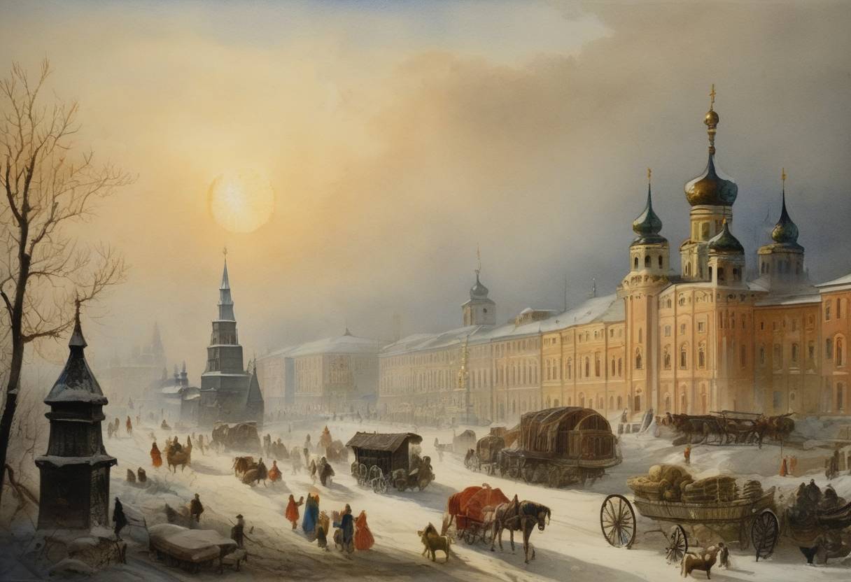 Watercolor painting based depiction of Russia officially adopted the Julian calendar, moving the New Year from September 1 to January 1. (1700)