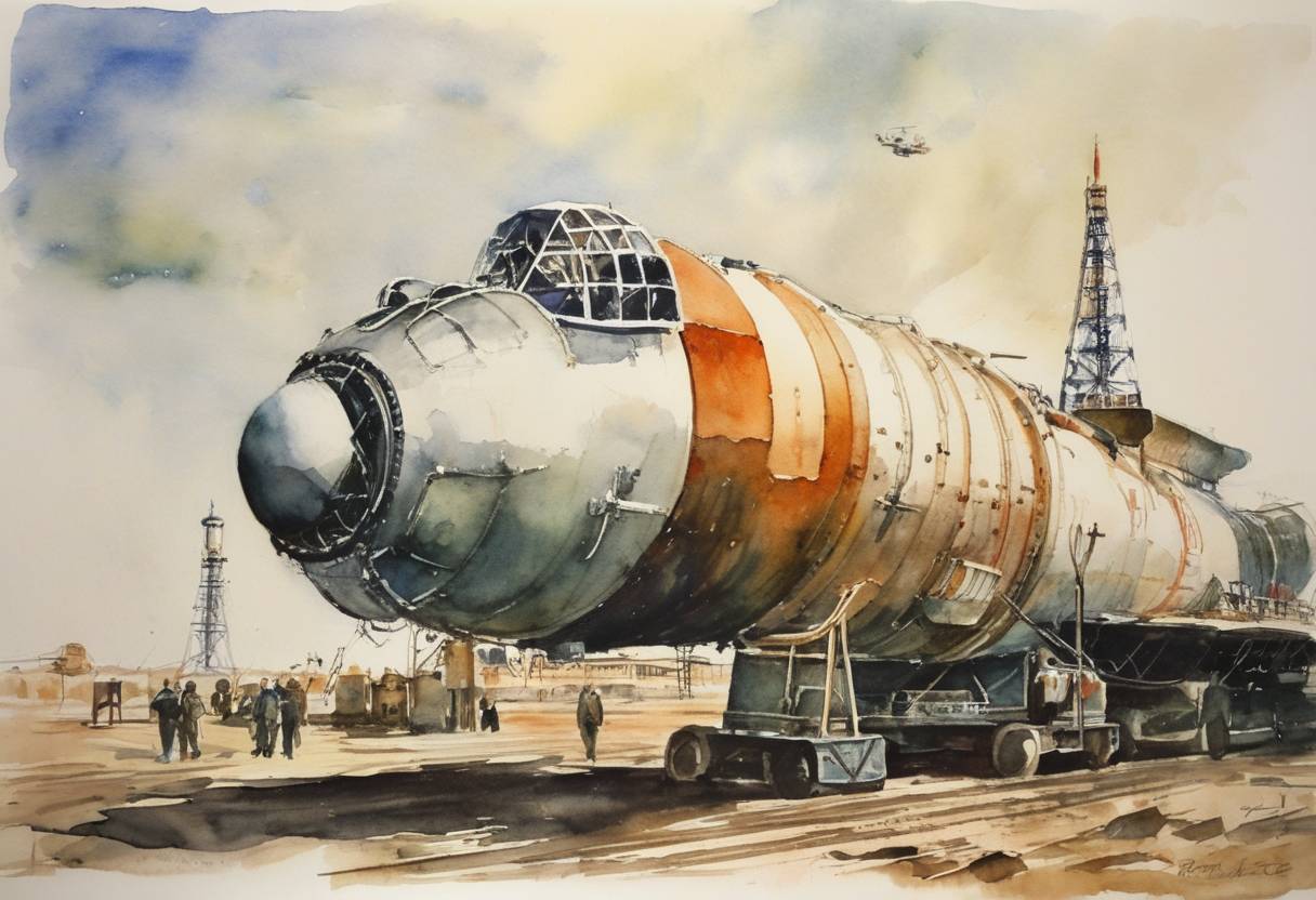 Watercolor painting based depiction of The Soviet Union launched the Soyuz 11 mission, which carried three cosmonauts to the world's first space station, Salyut 1. Tragically, the mission ended with the deaths of all three cosmonauts when returning to Earth due to a cabin depressurization. (1971)