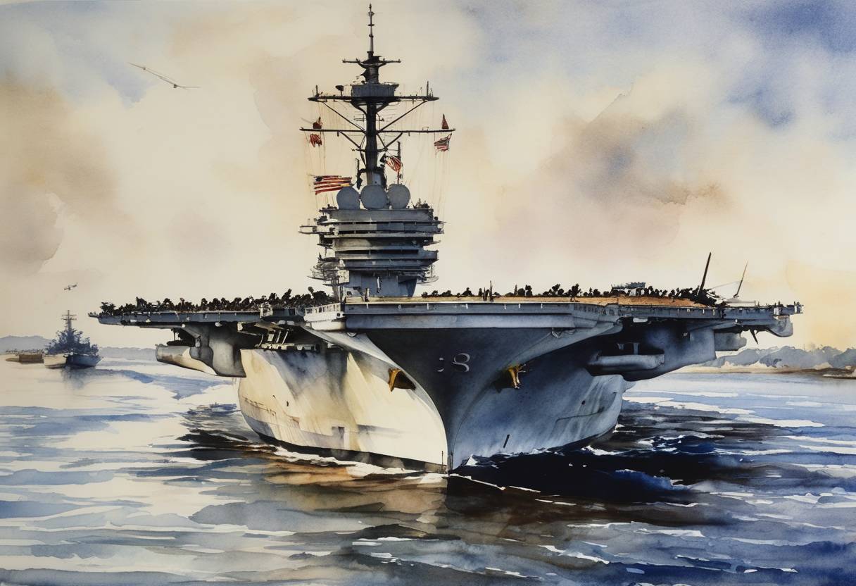 Watercolor painting based depiction of The Aircraft Carrier USS Yorktown (CV-5) was commissioned. It was one of the Navy's first fast carriers in the Yorktown class and played a significant role in early World War II naval battles, including the Battle of Midway. (1936)