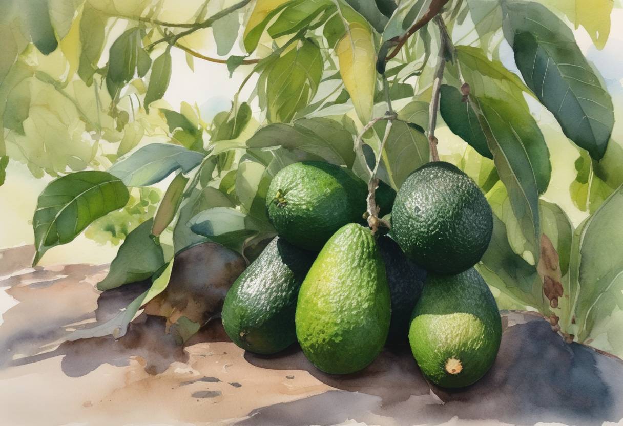 Watercolor painting based depiction of The United States took action to temporarily suspend its avocado imports from Mexico following threats received by U.S. agricultural safety inspectors operating in the Michoacán region, highlighting ongoing security concerns in the area. (2022)