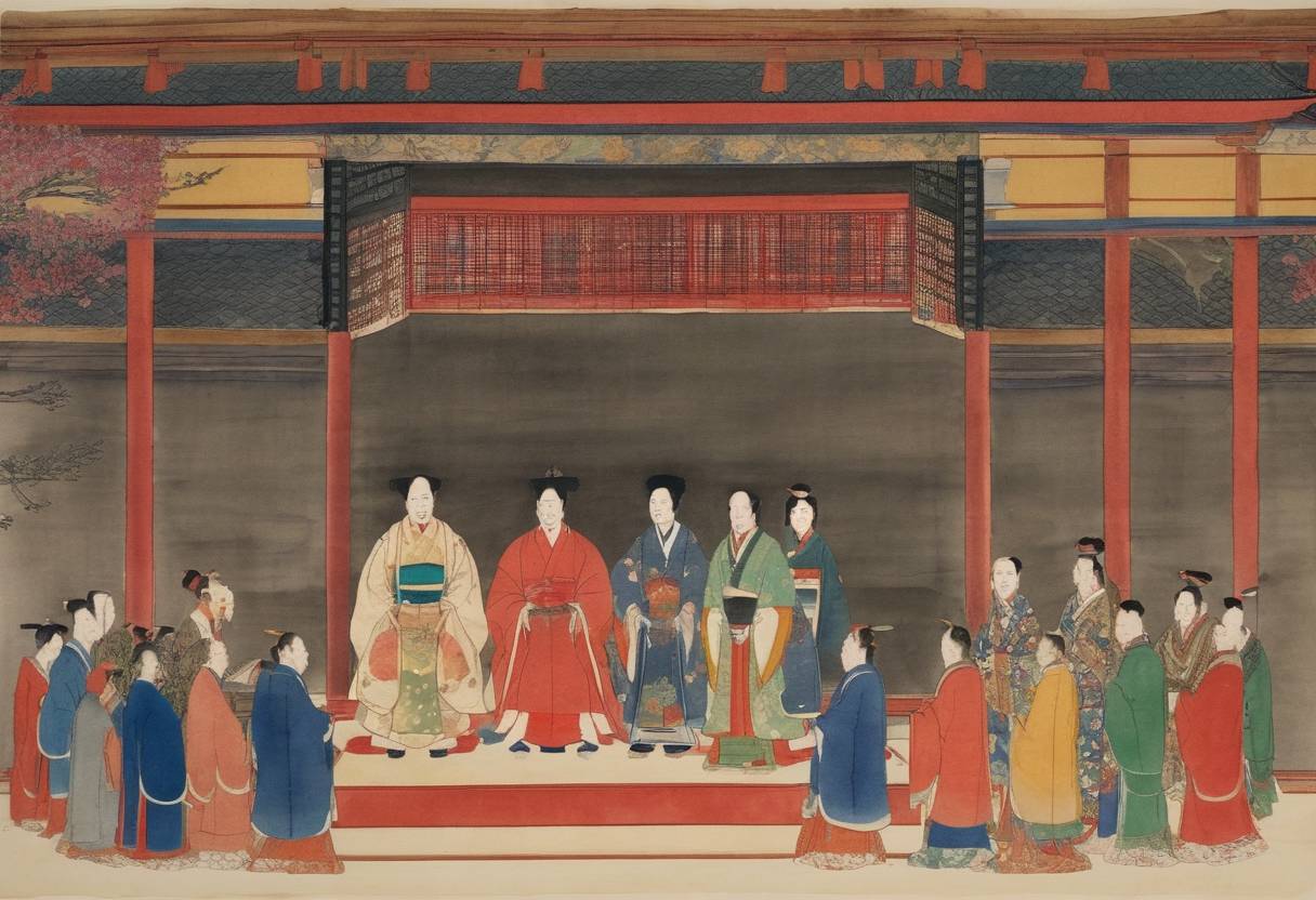 Watercolor painting based depiction of Enthronement of Emperor Kōmyō as the pretender emperor of Japan. (1377)