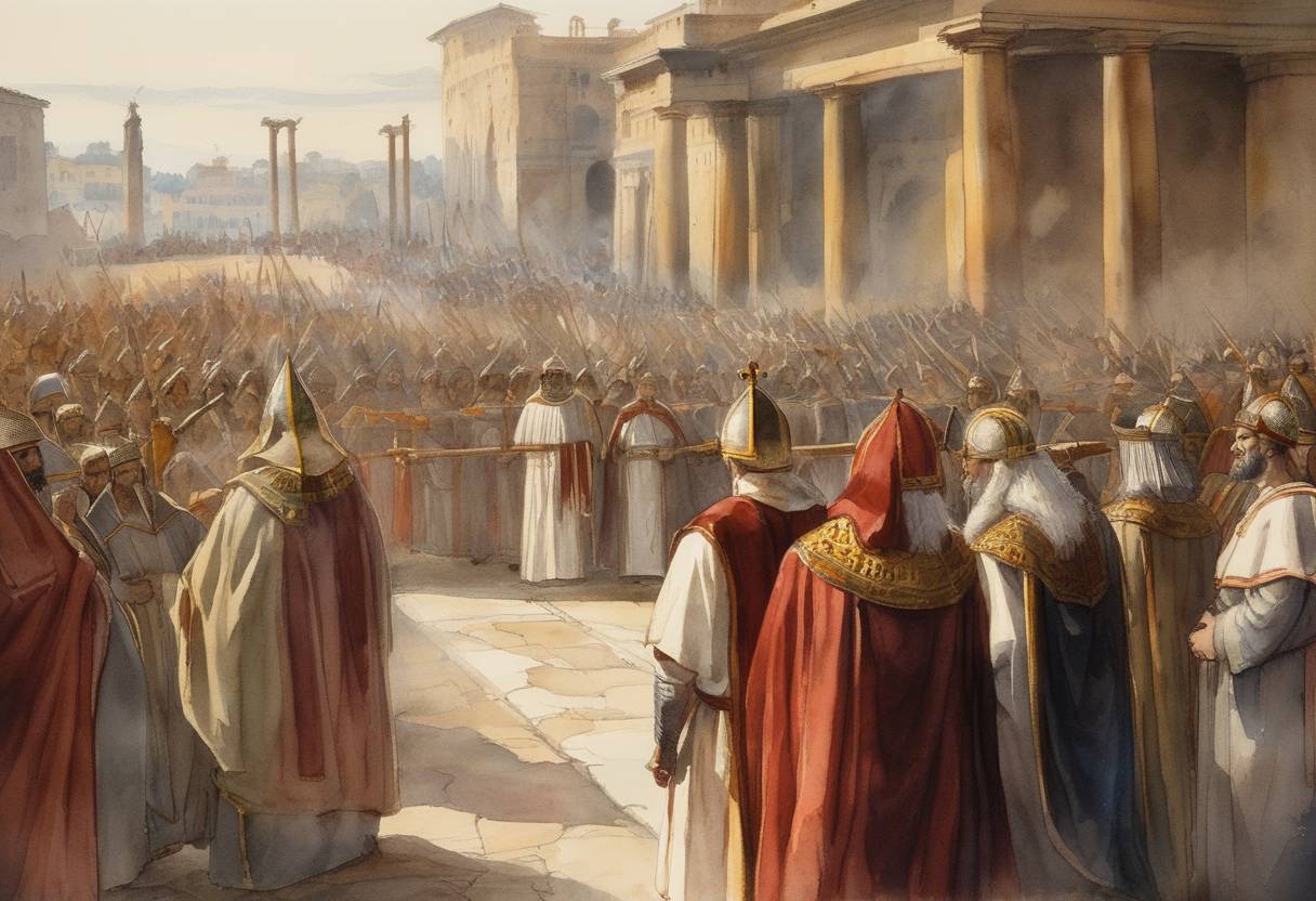 Watercolor painting based depiction of Pope Leo IV dies. He was known for strengthening Rome's defenses and leading the rebuilding of the city after the Arab raids on Rome in 846. (855)