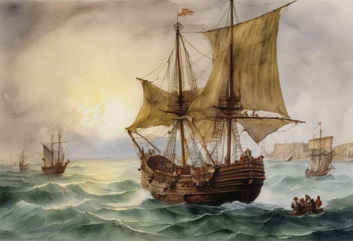 Watercolor painting based depiction of Christopher Columbus concludes his second voyage to the New World, sailing into Cádiz, Spain. (1496)