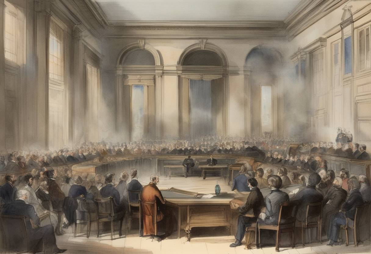 Watercolor painting based depiction of A public meeting is held in San Francisco to address lawlessness in the city and organize the first Committee of Vigilance. (1849)