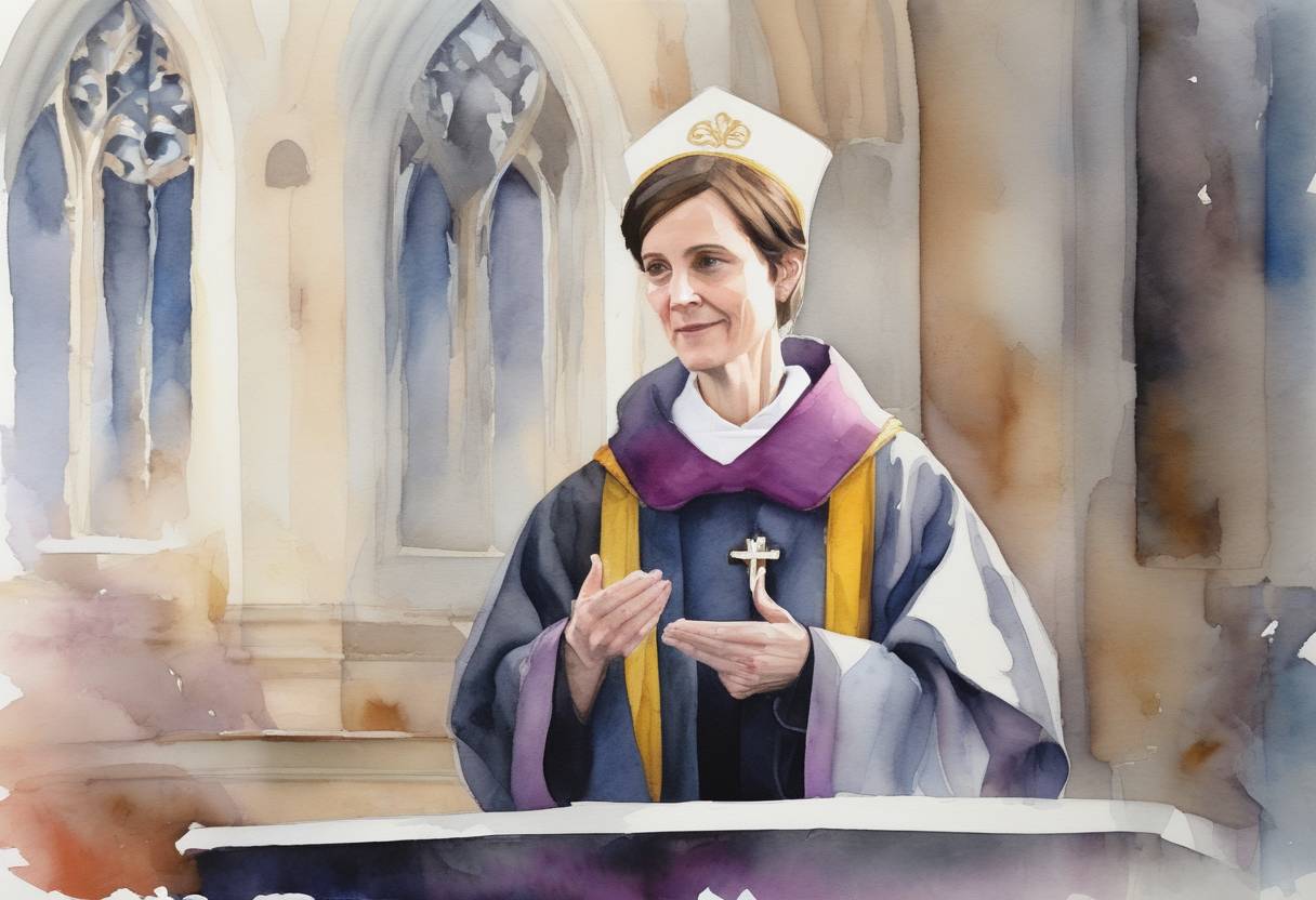 Watercolor painting based depiction of Libby Lane is consecrated as the first female bishop of the Church of England. (2015)