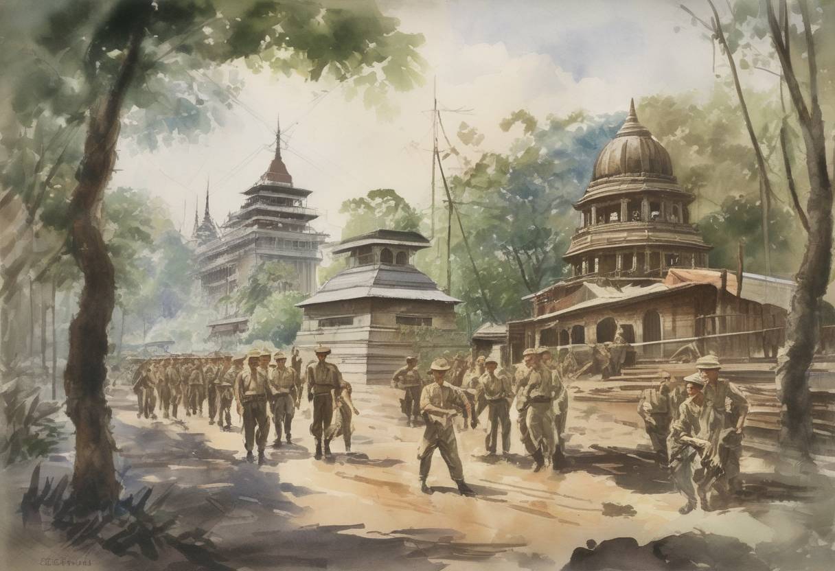 Watercolor painting based depiction of The Japanese captured Rangoon, Burma, during World War II. (1942)