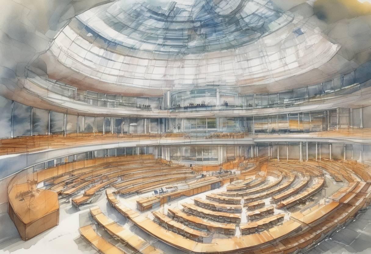 Watercolor painting based depiction of The German Bundestag votes to move the seat of government from Bonn to Berlin, a significant step in the reunification of Germany. (1991)