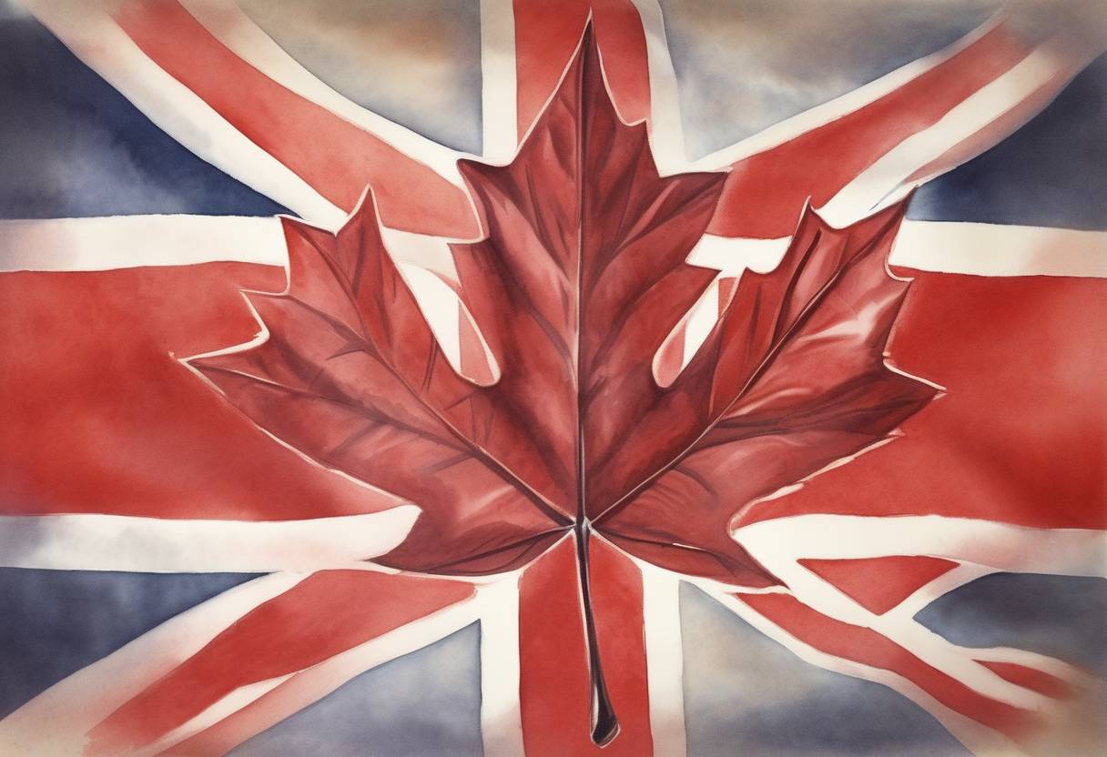 Watercolor painting based depiction of Canada's new maple leaf flag is raised for the first time, replacing the Union Jack and the Red Ensign. (1965)