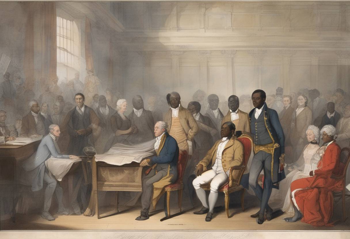 Watercolor painting based depiction of The Slave Trade Act received Royal Assent, abolishing the slave trade in the British Empire. (1807)