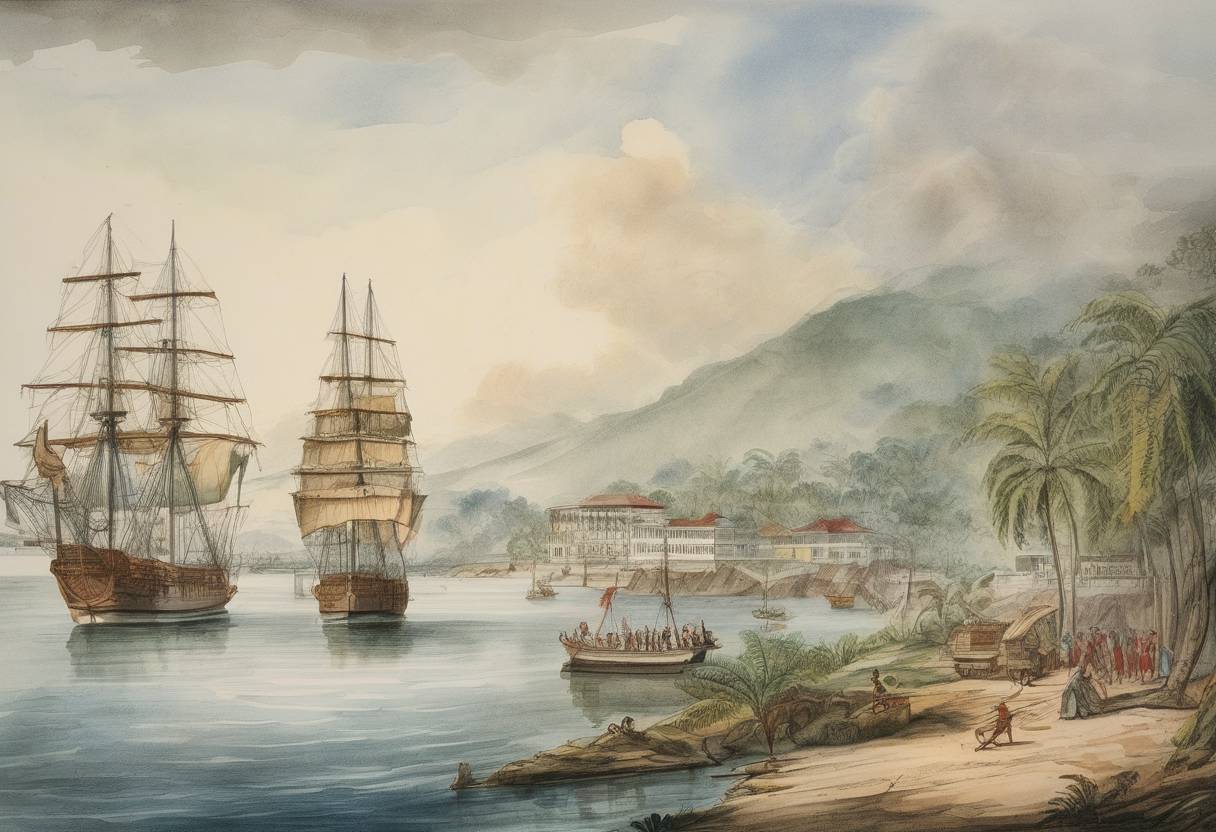 Watercolor painting based depiction of Captain Francis Light establishes the British colony of Penang in Malaysia. (1786)