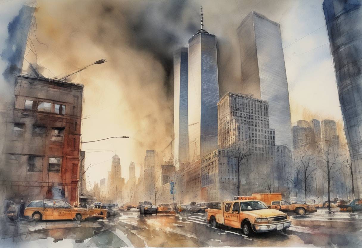 Watercolor painting based depiction of The World Trade Center in New York City was bombed by terrorists, killing six people and injuring over a thousand. (1993)