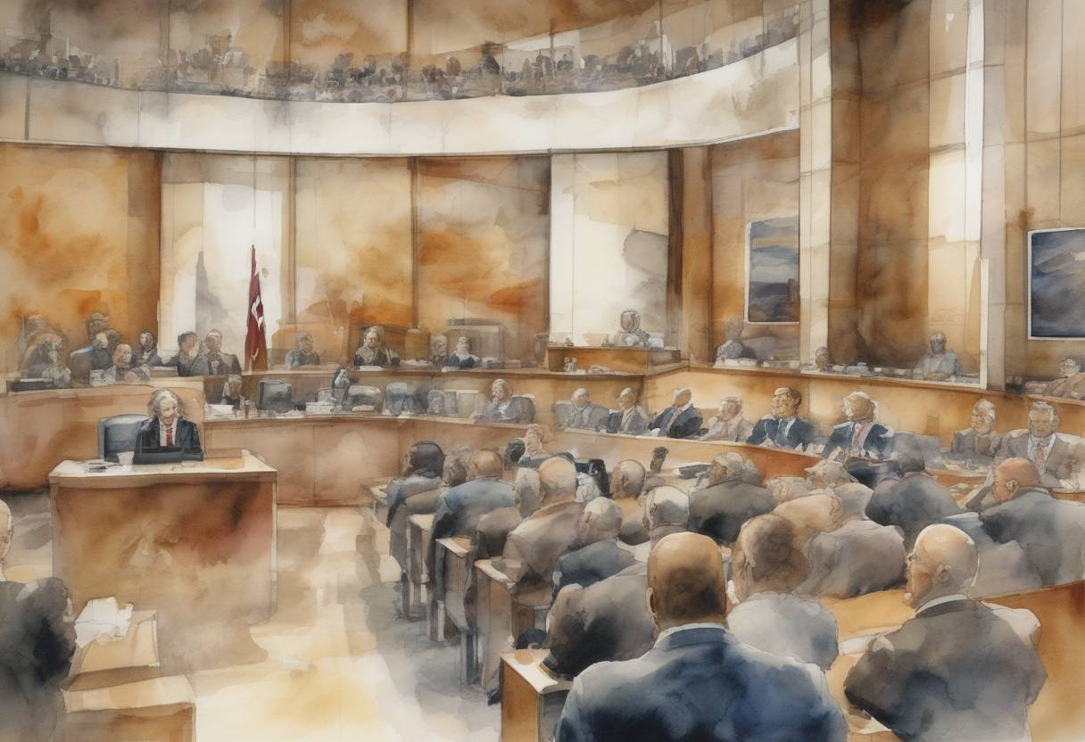 Watercolor painting based depiction of The International Criminal Court (ICC) was established to prosecute individuals for genocide, crimes against humanity, and war crimes. (2002)