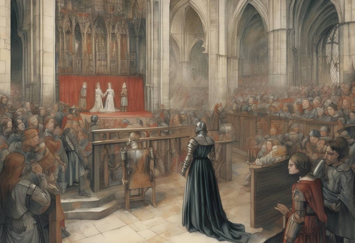 Watercolor painting based depiction of Joan of Arc's trial for heresy began in Rouen, France. She was accused of cross-dressing and claiming divine guidance, which led to her execution later that year. (1431)
