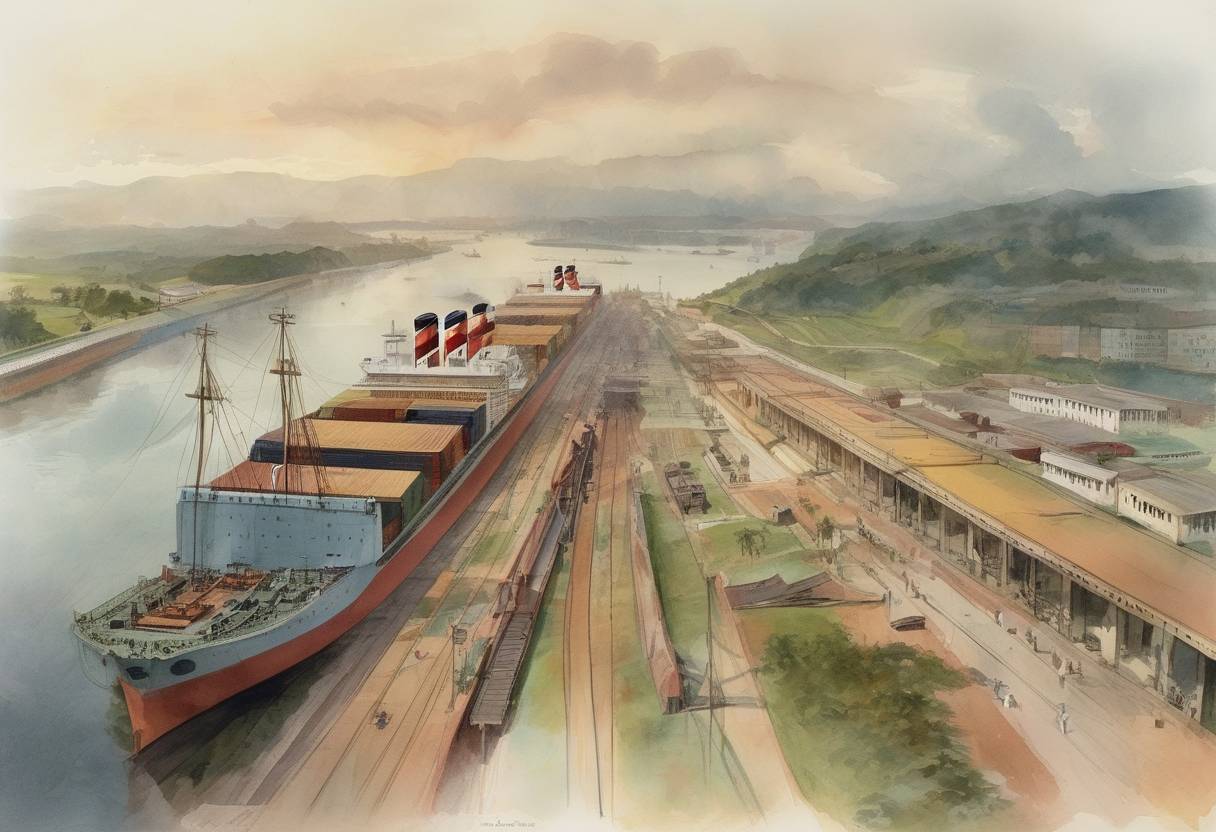 Watercolor painting based depiction of The Panama Canal officially opened to traffic with the transit of the cargo ship SS Ancon. (1914)