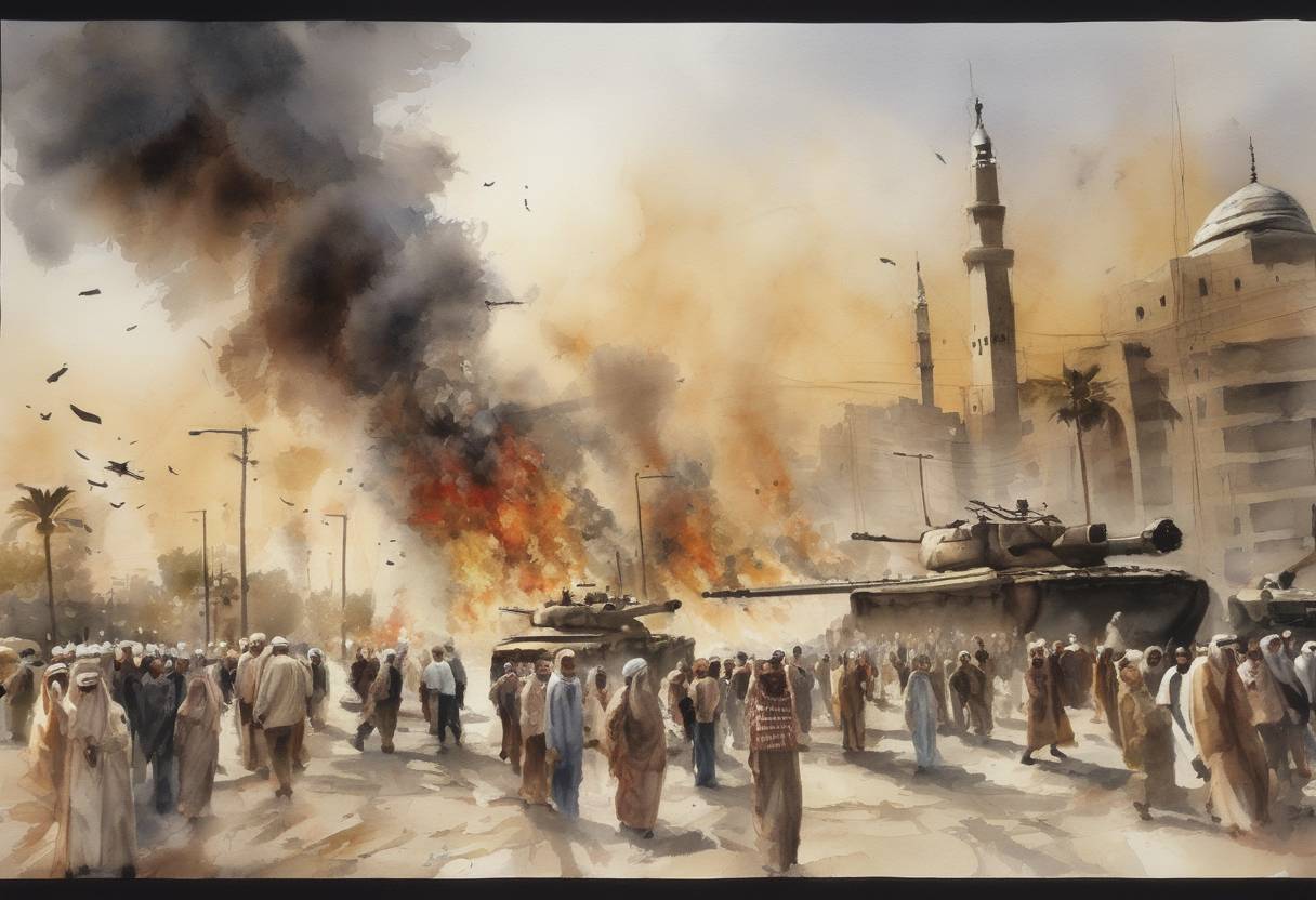 Watercolor painting based depiction of The War in Iraq: Al-Qaeda carried out a series of bombings in Iraq, targeting Shiite Muslims during the Ashura festival, resulting in the deaths of at least 178 people. (2004)