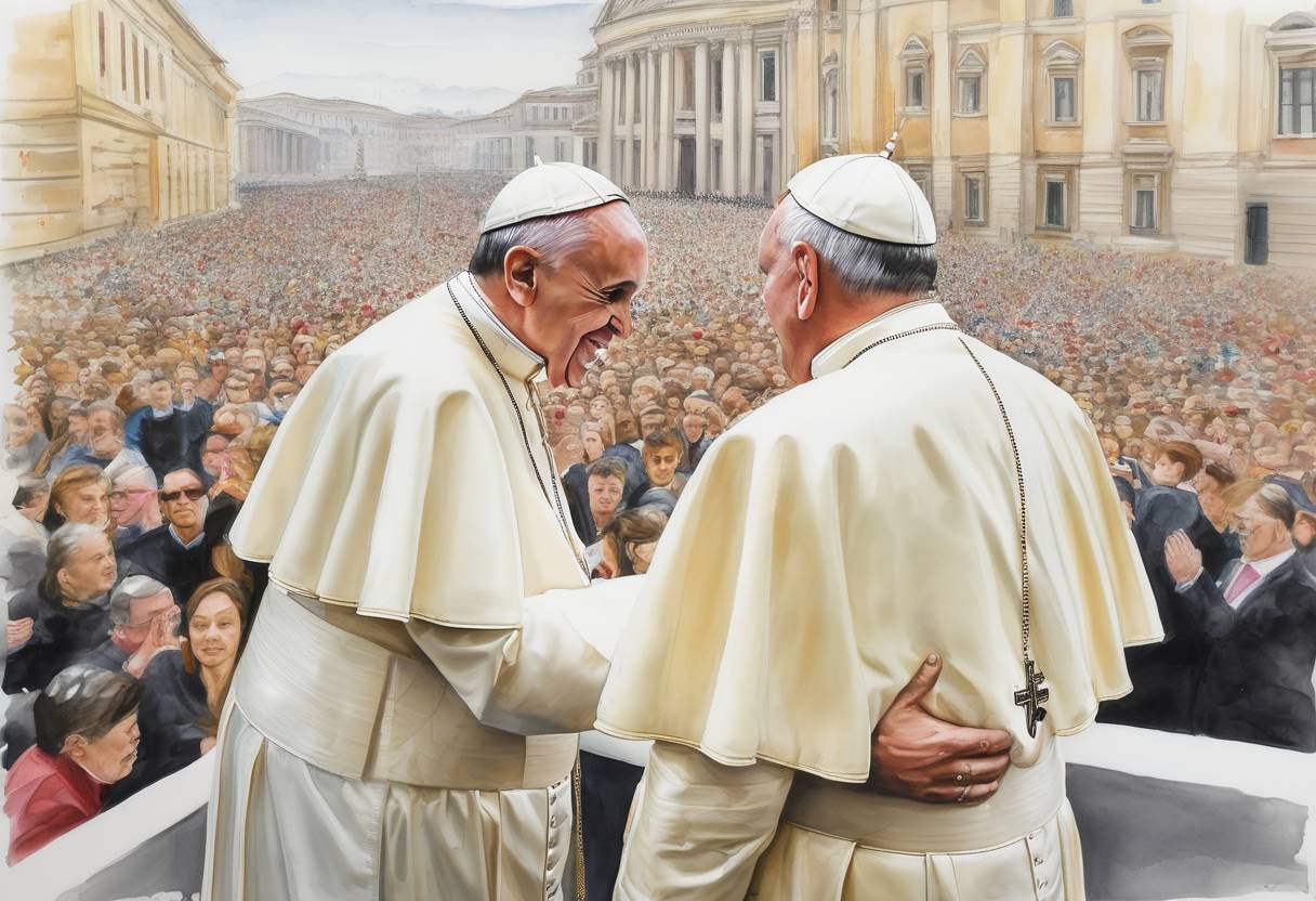 Watercolor painting based depiction of Pope Francis canonized Popes John XXIII and John Paul II in a historic ceremony at the Vatican, attended by hundreds of thousands of pilgrims. (2014)