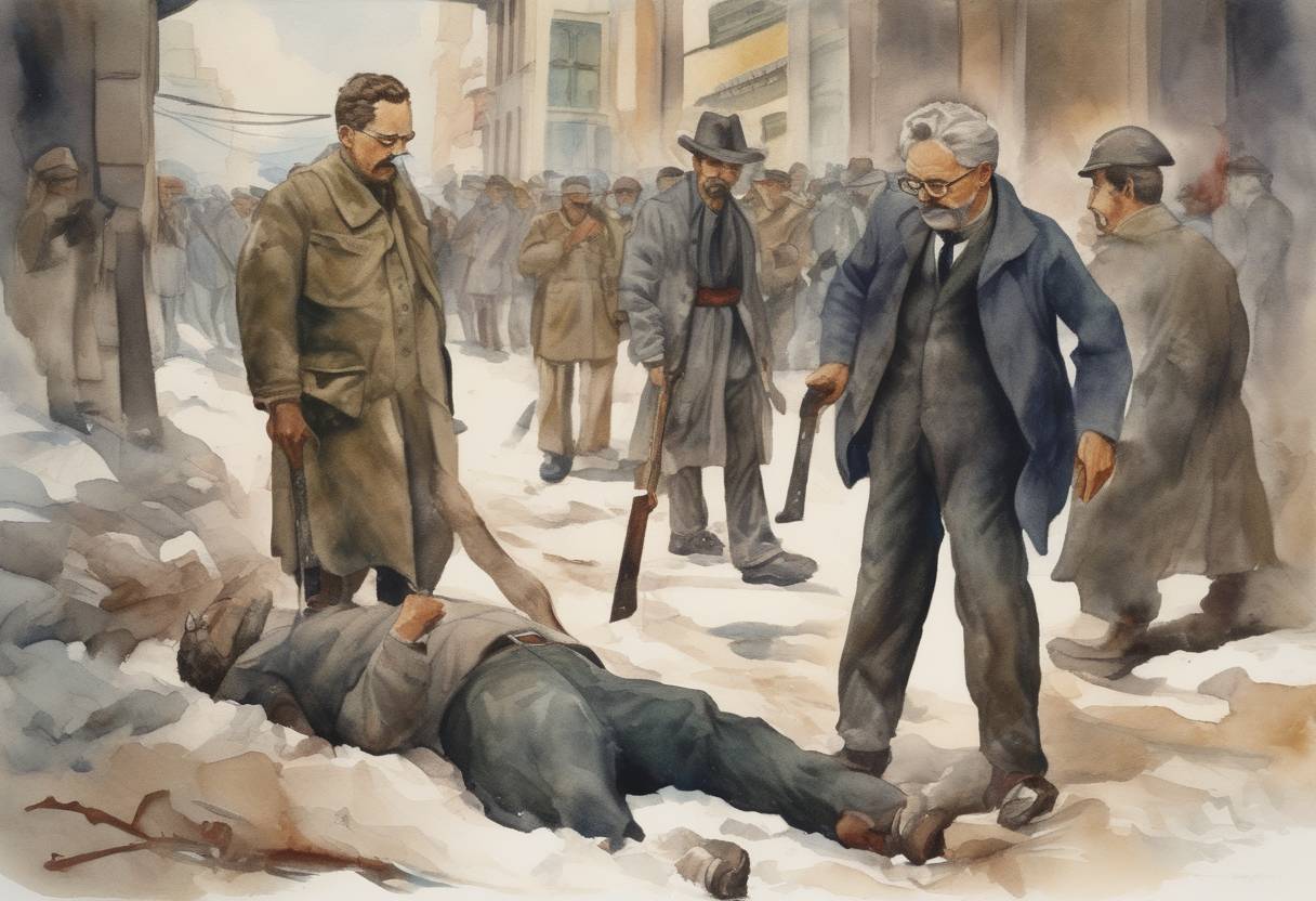 Watercolor painting based depiction of Leon Trotsky is fatally wounded by an ice-axe-wielding assassin in Mexico City. (1940)
