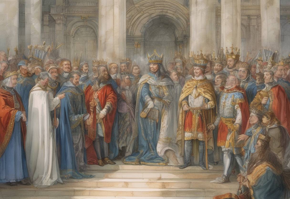 Watercolor painting based depiction of Hugh Capet is elected King of France, marking the beginning of the Capetian dynasty. (987)