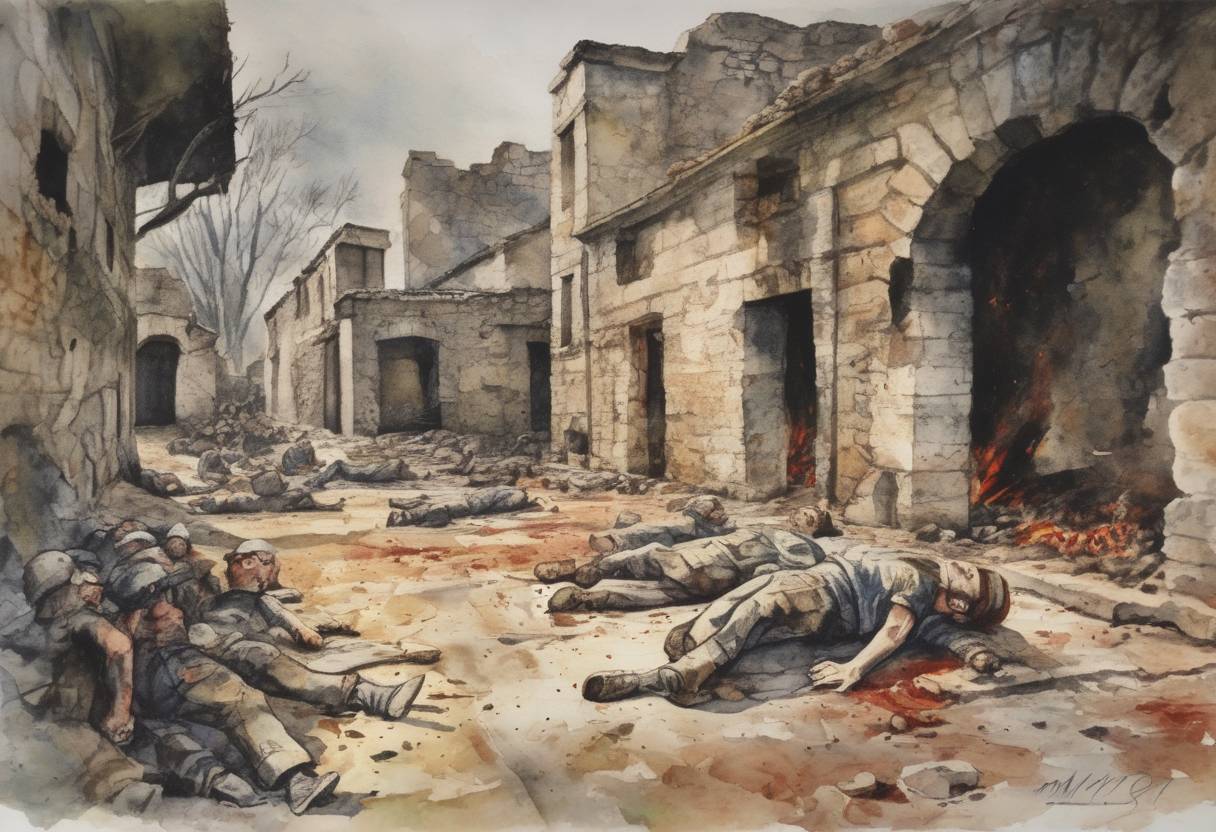 Watercolor painting based depiction of The Oradour-sur-Glane massacre occurred in France, where 642 residents were killed by a German Waffen-SS company during World War II. (1944)