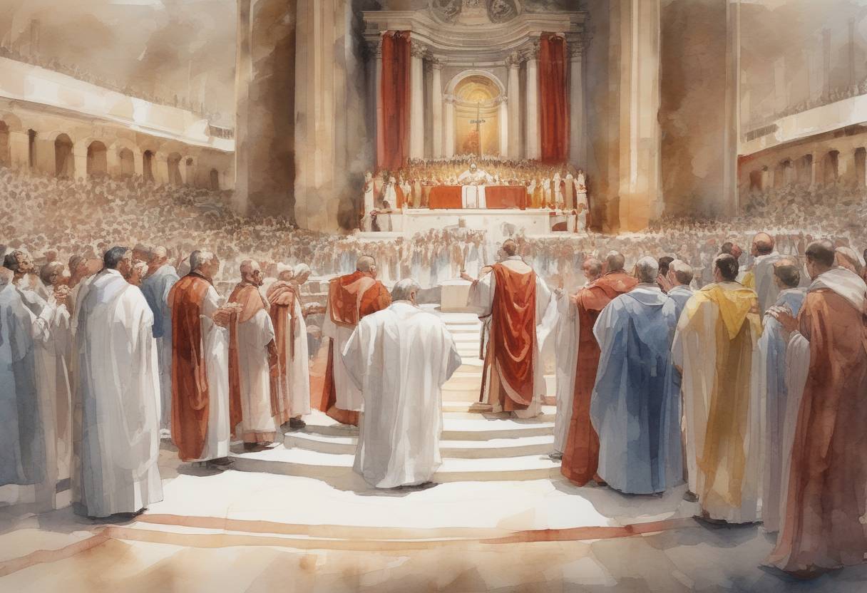 Watercolor painting based depiction of Pope Liberius is elected as the 36th pope of the Catholic Church, succeeding Pope Julius I. His papacy is marked by the Arian controversy, a significant theological dispute in early Christianity. (352)