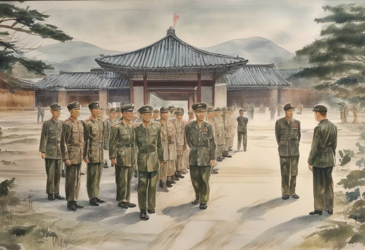 Watercolor painting based depiction of The Korean War armistice was signed, effectively ending hostilities between North and South Korea, although a formal peace treaty was never signed. (1953)