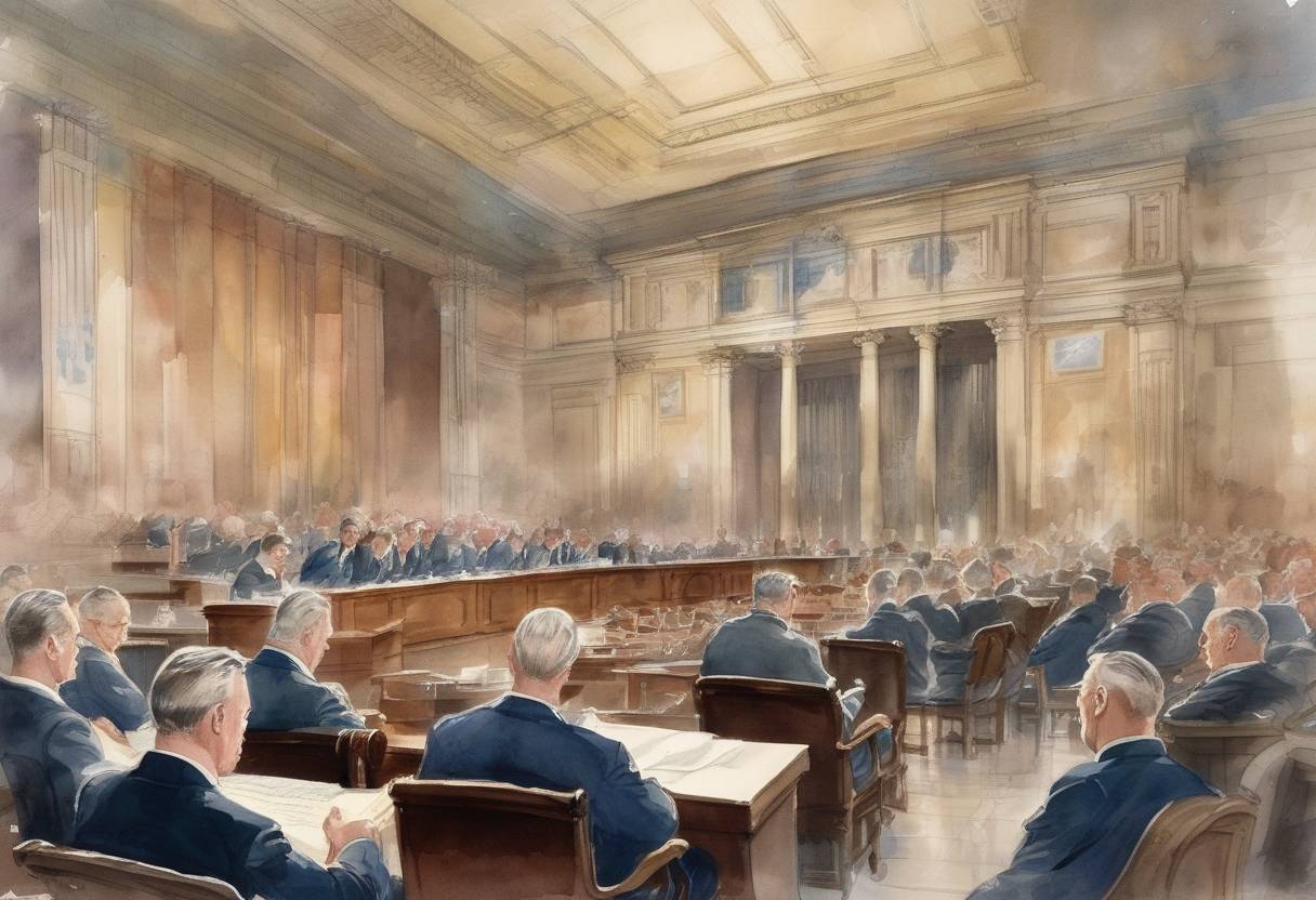 Watercolor painting based depiction of President Franklin D. Roosevelt proposes a plan to expand the Supreme Court, known as the 'court-packing plan'. (1937)