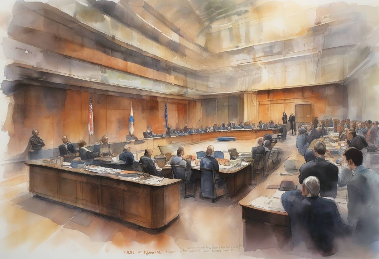 Watercolor painting based depiction of The International Criminal Tribunal for the former Yugoslavia was established by the United Nations to prosecute serious crimes committed during the Yugoslav Wars, marking a significant step in international justice. (1994)