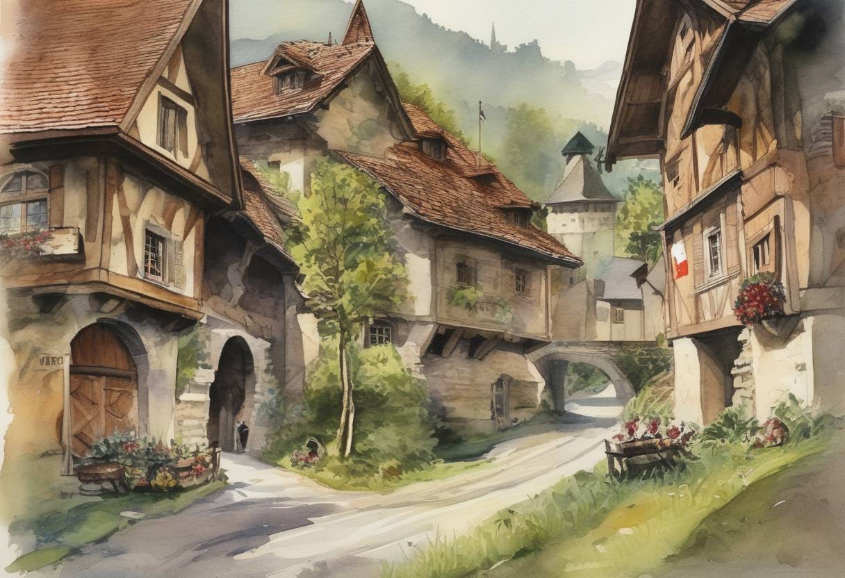 Watercolor painting based depiction of The Swiss Confederation was founded with the signing of the Federal Charter, marking the beginning of Switzerland as a nation. (1291)