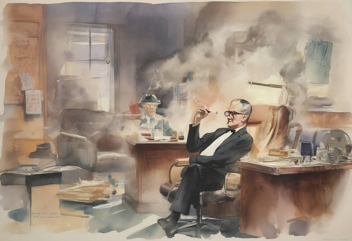 Watercolor painting based depiction of The U.S. Surgeon General reported that smoking may be hazardous to health, the first such report linking smoking and ill health. (1964)