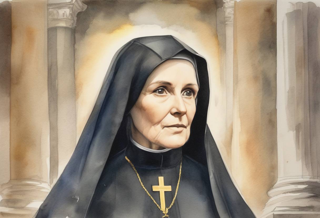 Watercolor painting based depiction of Mother Frances Xavier Cabrini becomes the first American to be canonized as a saint by the Roman Catholic Church. (1946)