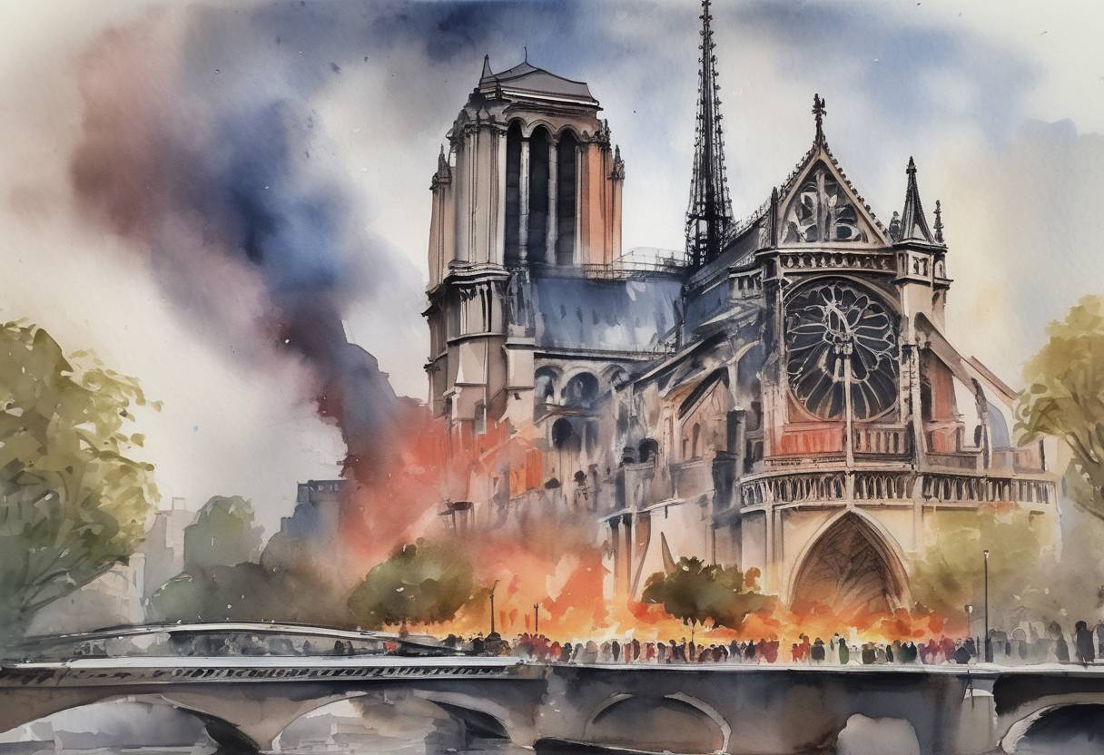 Watercolor painting based depiction of The Notre-Dame Cathedral fire in Paris was extinguished after burning for over 15 hours, causing significant damage to the historic structure. (2019)