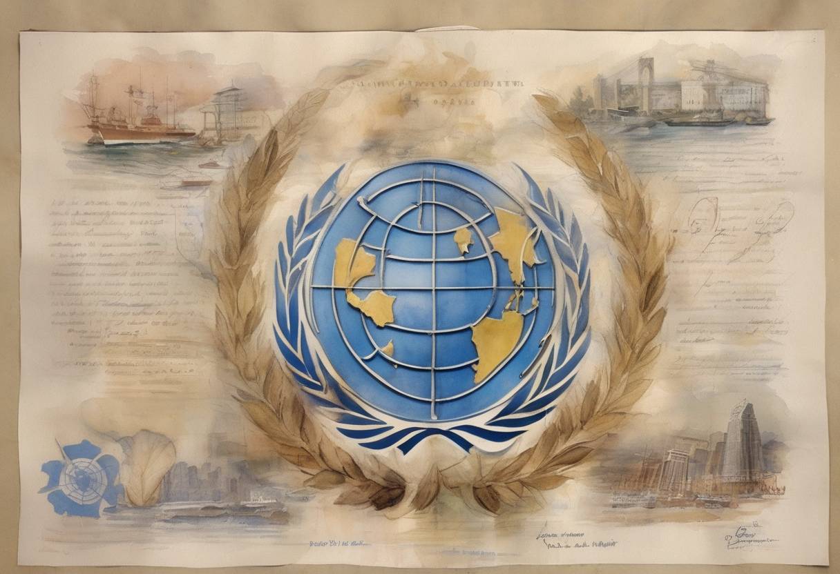 Watercolor painting based depiction of The United Nations Charter was signed in San Francisco, establishing the United Nations as an international organization. (1945)