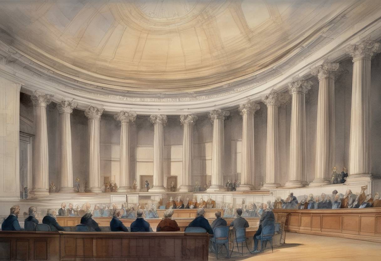 Watercolor painting based depiction of The Supreme Court of the United States convenes for the first time. (1790)