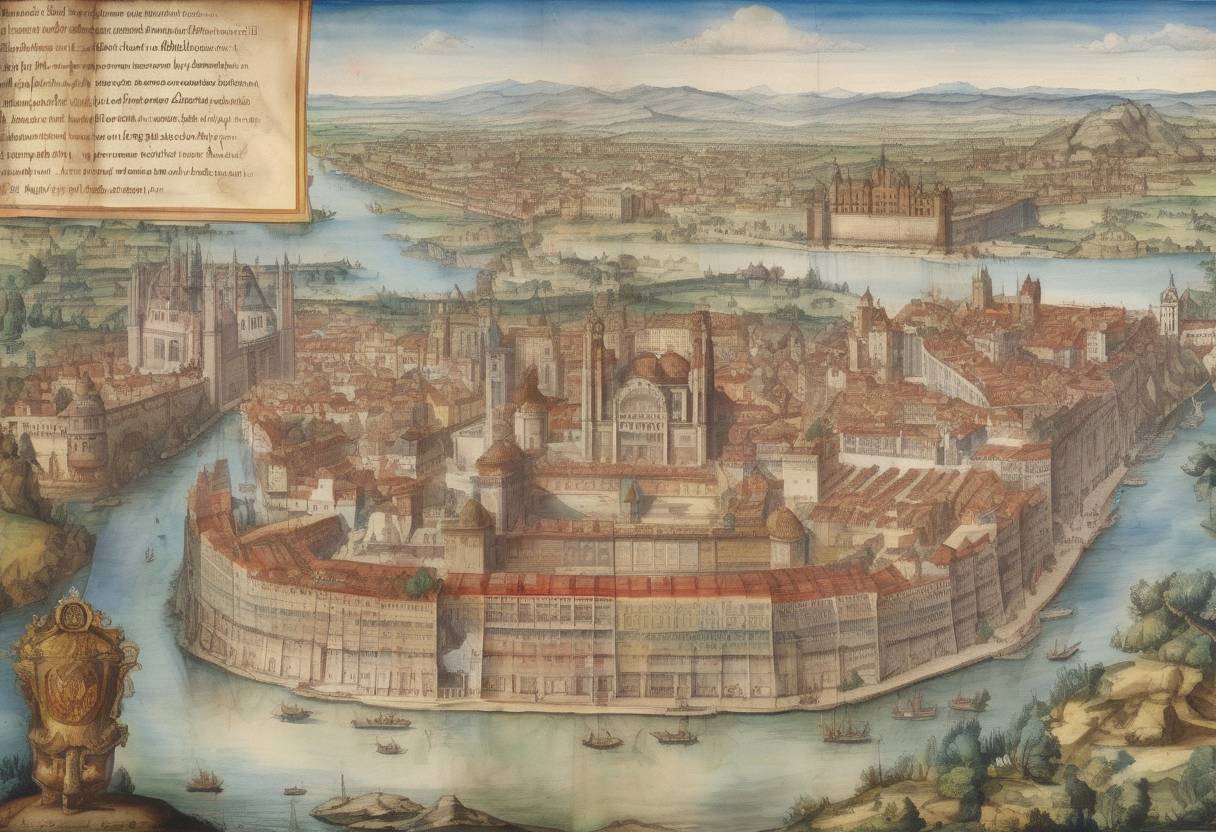 Watercolor painting based depiction of The Treaty of Zaragoza is signed, dividing the eastern hemisphere between Spain and Portugal along a meridian 297.5 leagues east of the Moluccas. (1529)