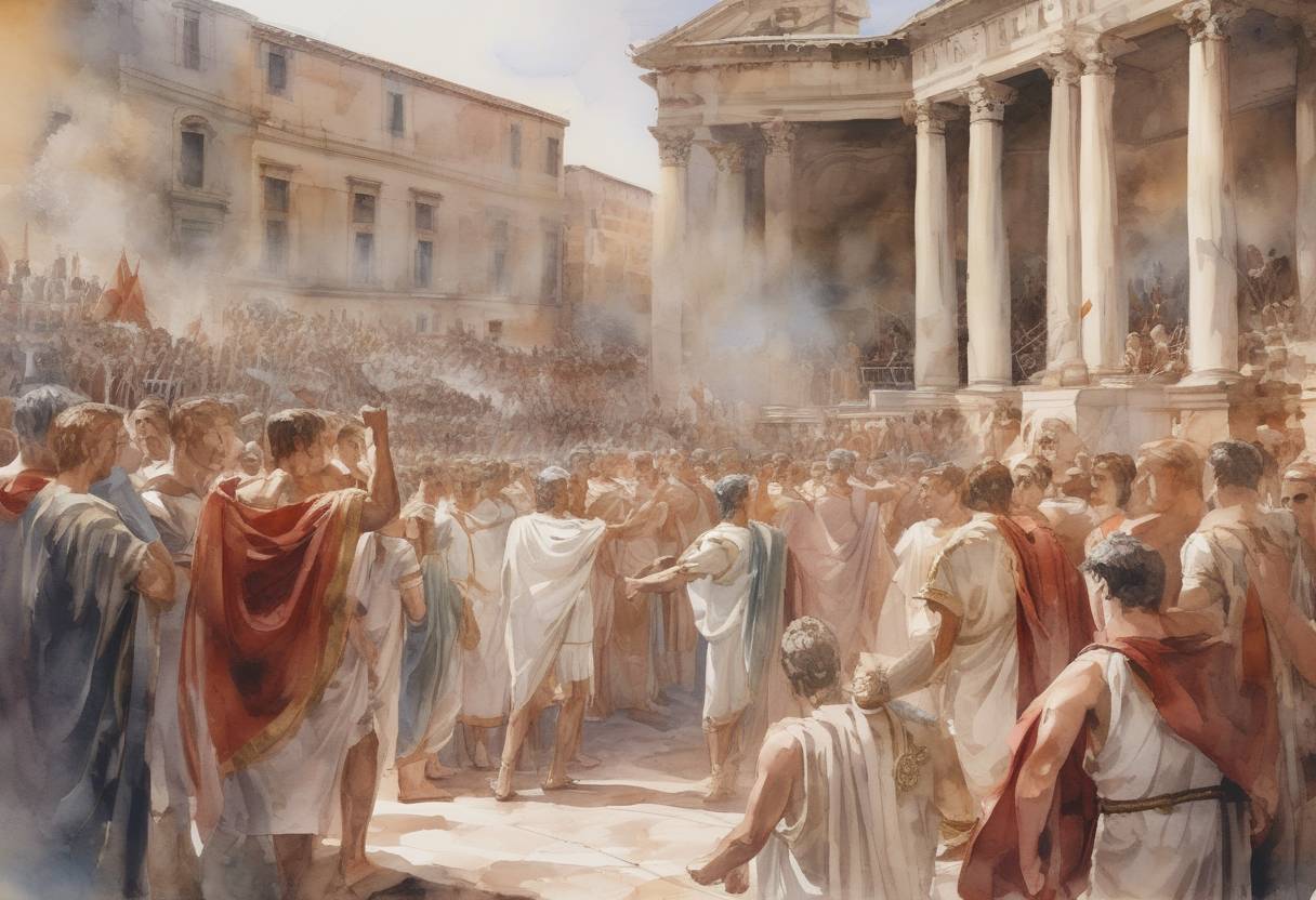 Watercolor painting based depiction of Gaius Julius Caesar Octavianus, known as Augustus, is granted the title of 'Augustus' by the Roman Senate, marking the beginning of the Roman Empire and his reign as its first Emperor. (27)